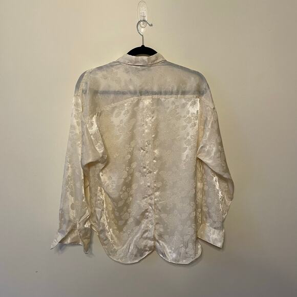 Vintage XL 1990s long sleeve floral blouse button up metallic yellow AOP rose - Picture 5 of 7